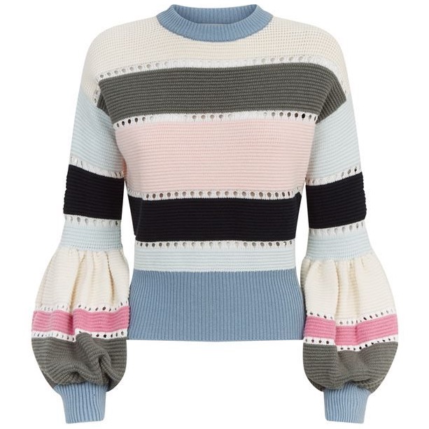 Self-Portrait Striped Balloon-Sleeve Cropped Sweater